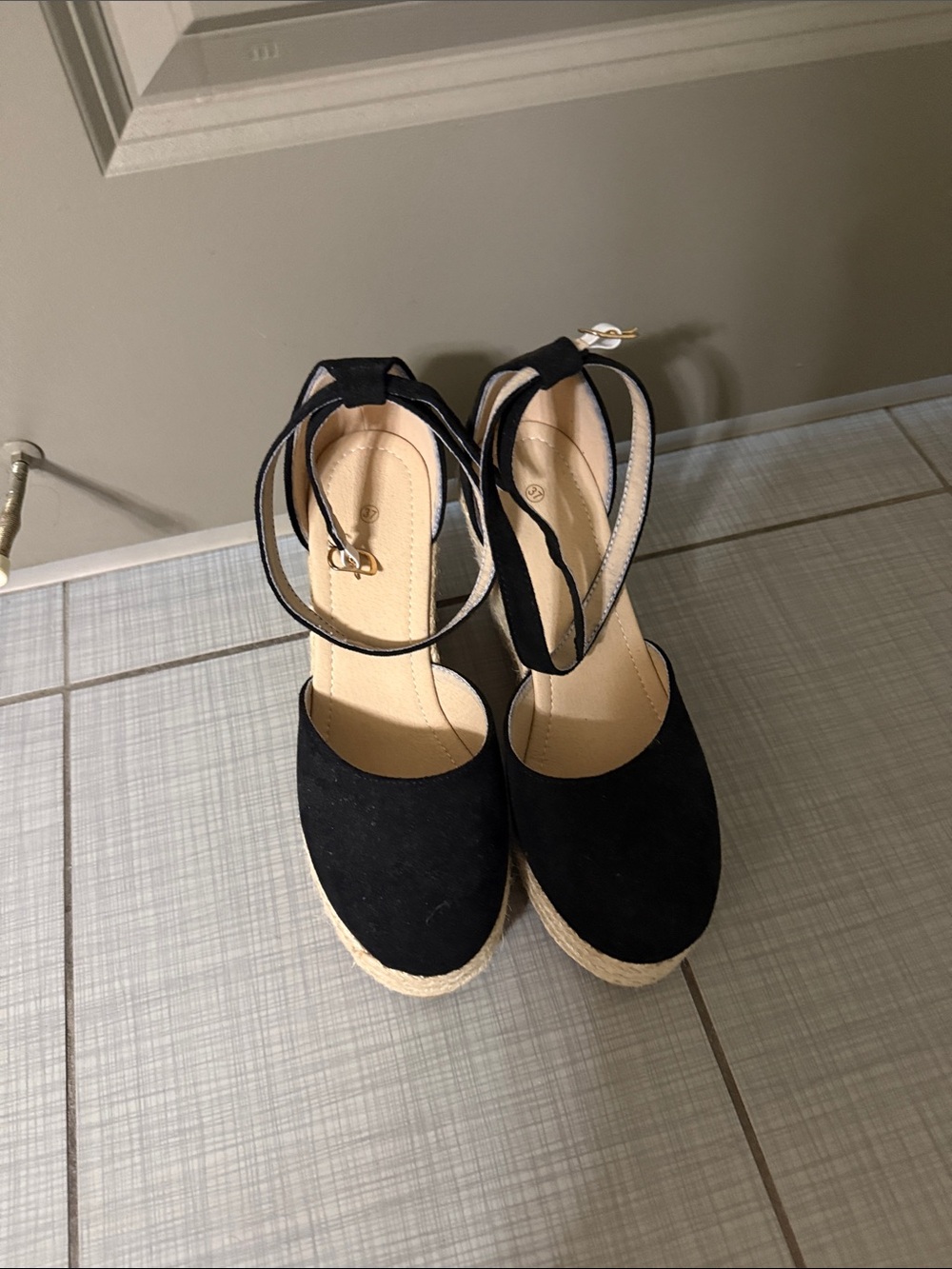Black Espadrille Wedge Ankle-Strap Heels